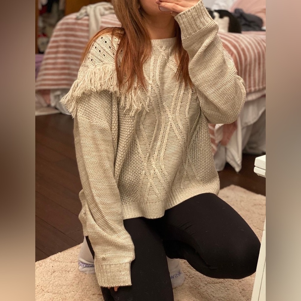 June & Hudson Cream Chunky Knit Fringe Sweater Size XL